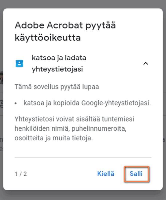 Acrobatin käyttöoikeusvalintaikkuna Gmail-yhteystietojen käyttöön