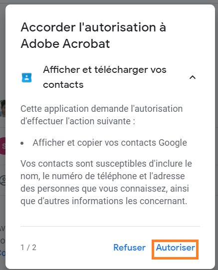 Boîte de dialogue d’autorisation Acrobat pour accéder aux contacts Gmail