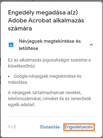 Az Acrobat Gmail-partnerek elérésére vonatkozó engedélyének párbeszédpanele