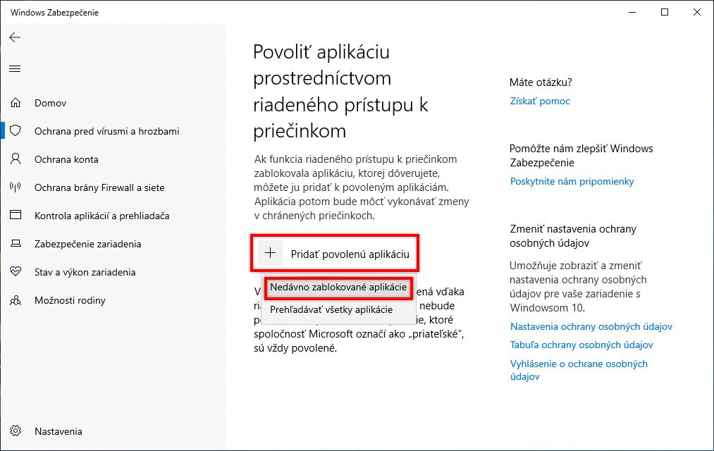 Povoľte nedávno zablokovanú aplikáciu