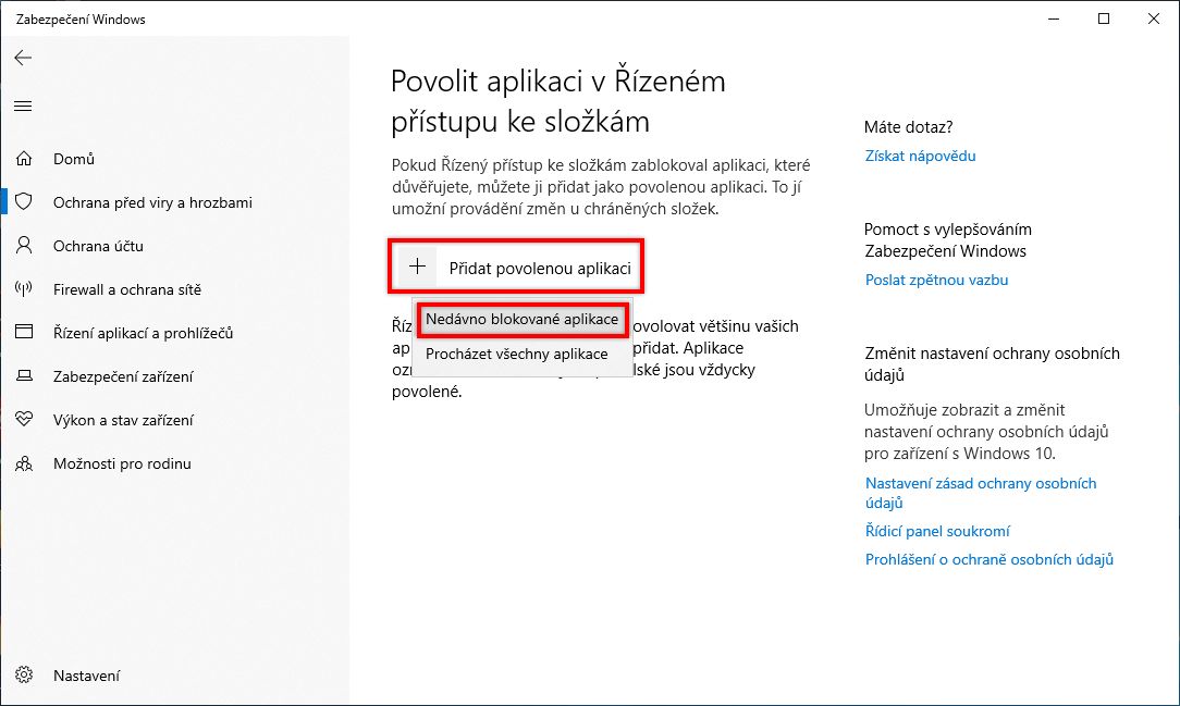 Povolení nedávno blokované aplikace