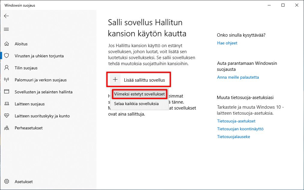 Äskettäin estetyn sovelluksen salliminen