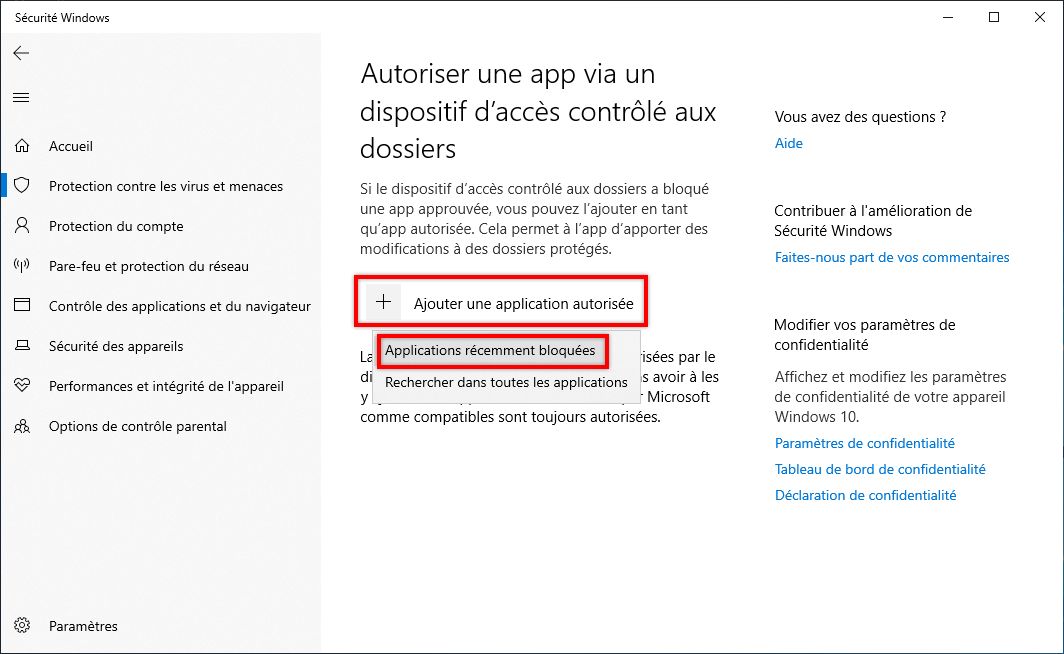 Autoriser l’application récemment bloquée