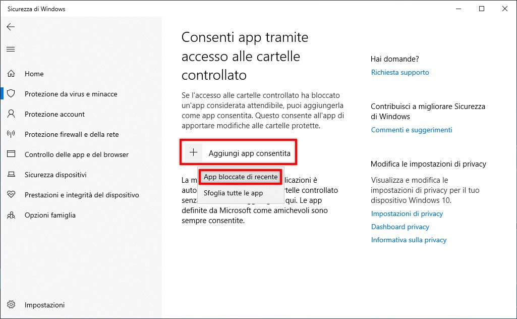 Consenti app bloccata di recente