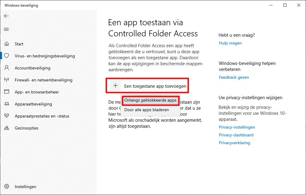 Onlangs geblokkeerde app toestaan