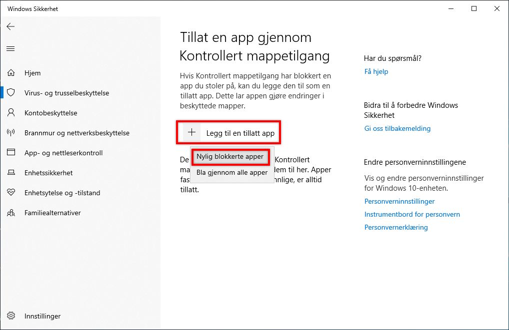 Tillat nylig blokkert app