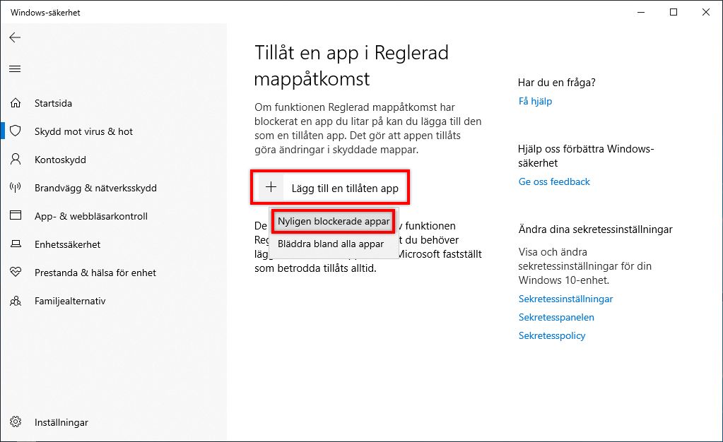 Tillåt nyligen blockerat program