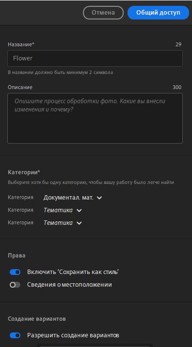 Введите сведения и нажмите кнопку «Общий доступ», чтобы другие пользователи могли создавать собственные варианты на основе вашей фотографии!