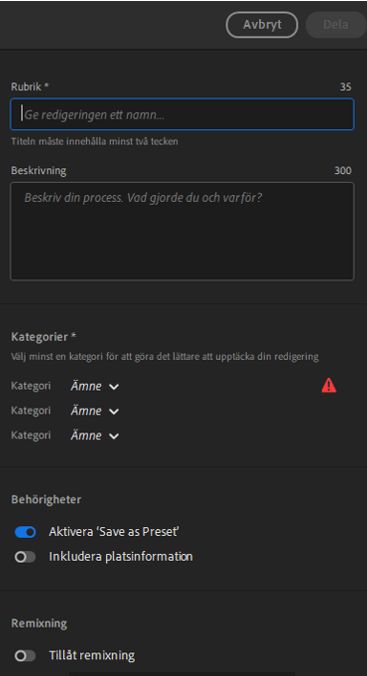 Ange uppgifterna och klicka på Dela för att låta andra redigera ditt foto.