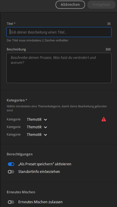 Gib die Details ein und klicke auf „Freigeben“, damit andere einen Remix an deinem Foto vornehmen können!