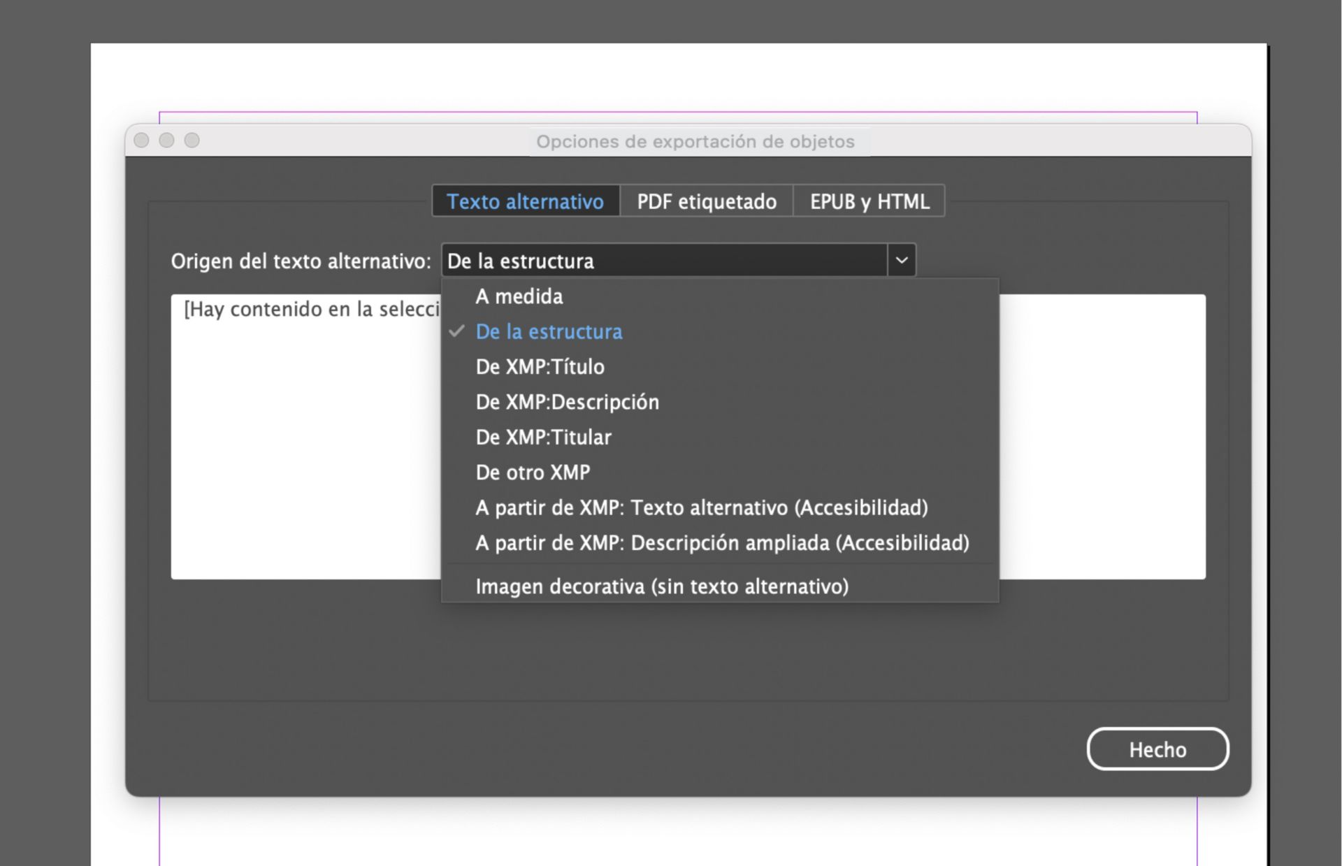 Captura de pantalla de la ventana Opciones de exportación de objetos de Adobe InDesign con la pestaña Texto alternativo activada y el menú desplegable &quot;Origen de texto alternativo&quot; expandido, con opciones como &quot;A medida&quot;, &quot;De la estructura&quot; y varios orígenes de metadatos XMP.