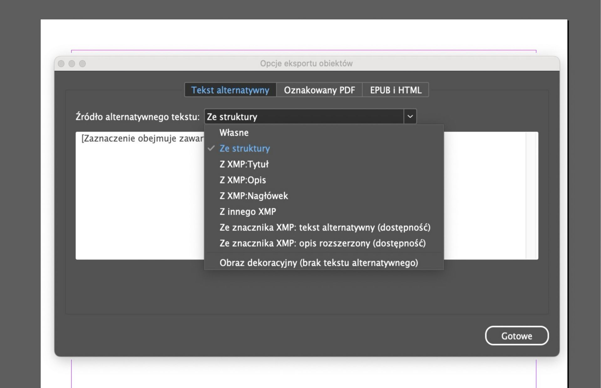 Zrzut ekranu okna Opcje eksportowania obiektów w programie Adobe InDesign z aktywną kartą Tekst alternatywny i rozwiniętym menu „Źródło alternatywnego tekstu”, w którym widoczne są opcje takie jak „Niestandardowe”, „Ze struktury” oraz różne źródła metadanych XMP.
