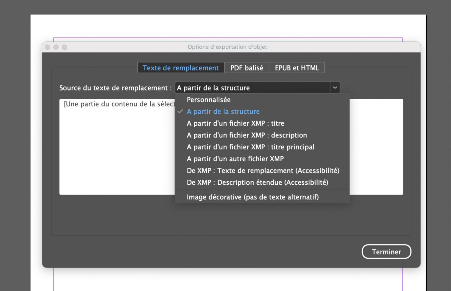 Capture d’écran de la fenêtre Options d’exportation d’objet d’Adobe InDesign avec l’onglet Texte de remplacement actif et le menu déroulant « Source du texte de remplacement » développé, répertoriant des options telles que « Personnalisée », « À partir de la structure » et diverses sources de métadonnées XMP.