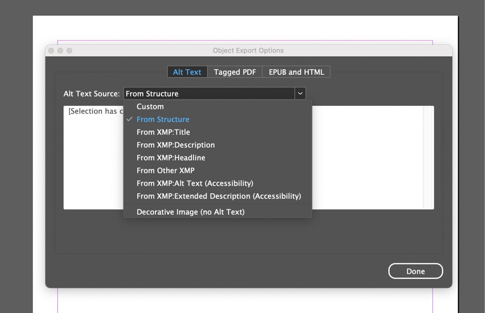 لقطة شاشة لنافذة Object Export Options في Adobe InDesign مع تنشيط علامة التبويب Alt Text وتوسيع القائمة المندسلة &quot;Alt Text Source&quot;، مع عرض خيارات مثل &quot;Custom&quot; و&quot;From Structure&quot; ومصادر متنوعة من بيانات XMP الوصفية.