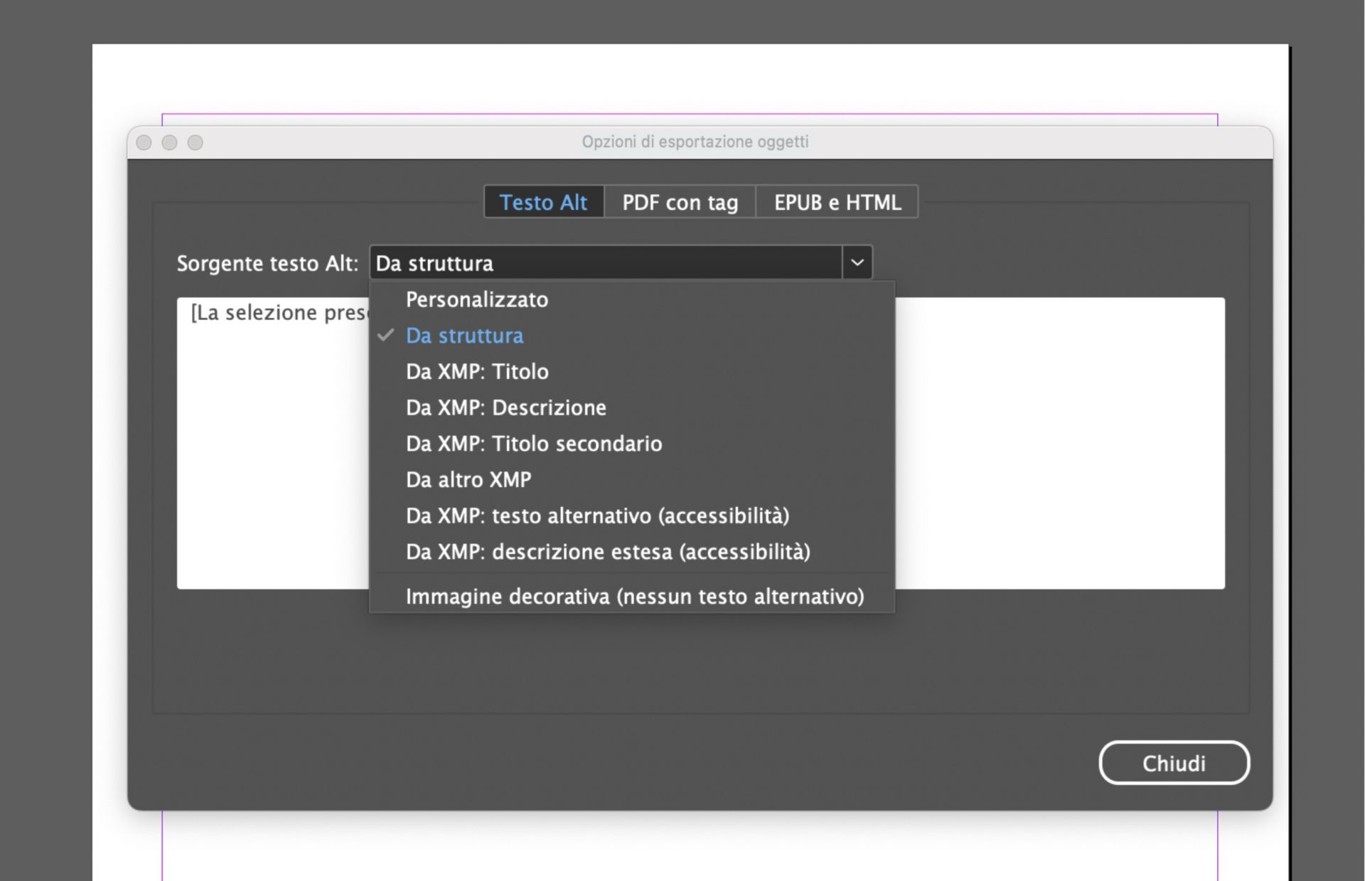 Schermata della finestra Opzioni di esportazione oggetti di Adobe InDesign in cui è attica la scheda Testo Alt e con il menu a discesa “Sorgente testo Alt” espanso, contenente opzioni come “Personalizzato”, “Da struttura” e varie sorgenti di metadati XMP.