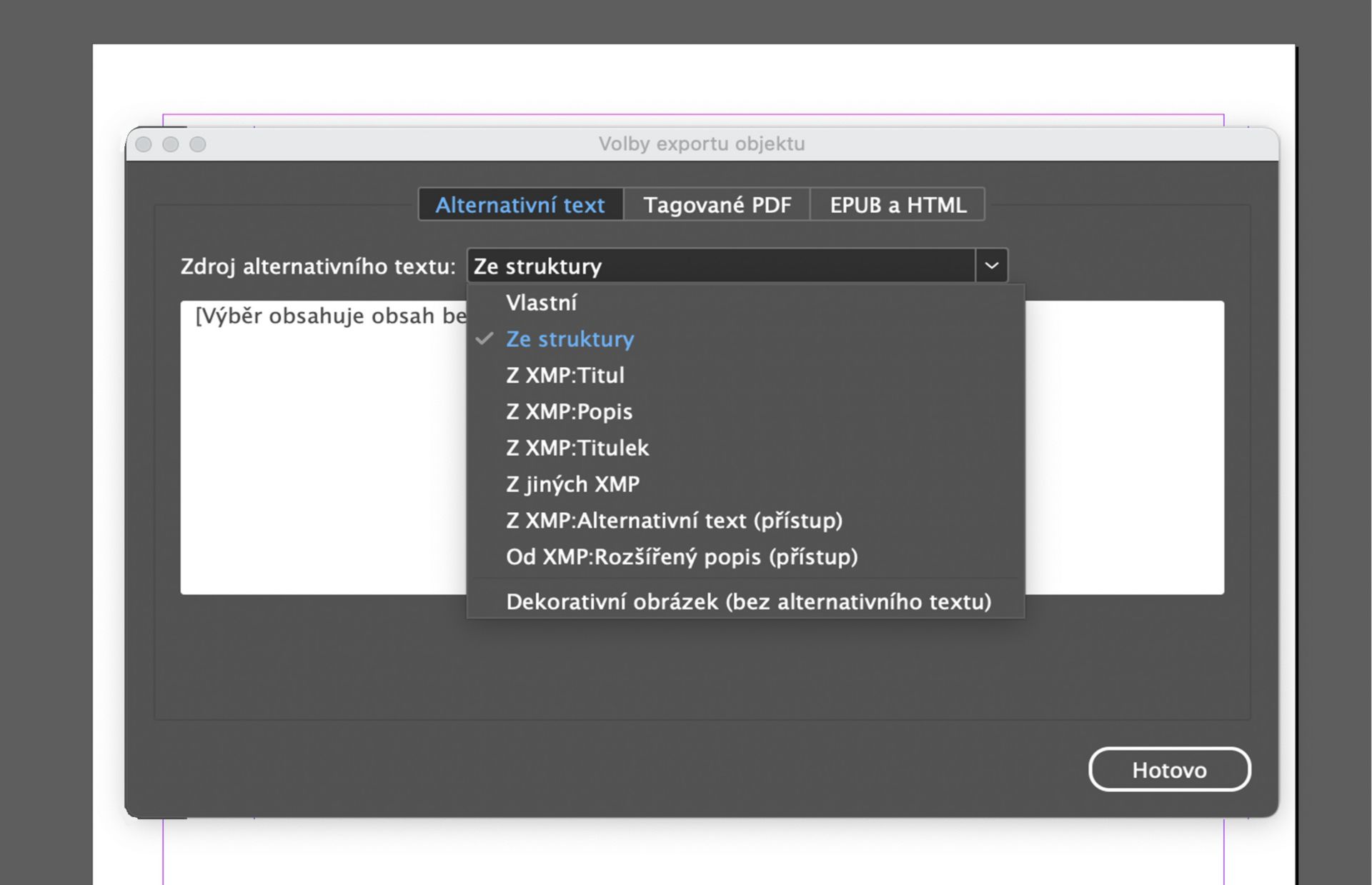 Snímek obrazovky okna Možnosti exportu objektu aplikace Adobe InDesign s aktivní kartou Alternativní text a rozbalenou rozevírací nabídkou „Zdroj alternativního textu“, kde jsou uvedeny možnosti jako „Vlastní“, „Ze struktury“ a různé zdroje metadat XMP.
