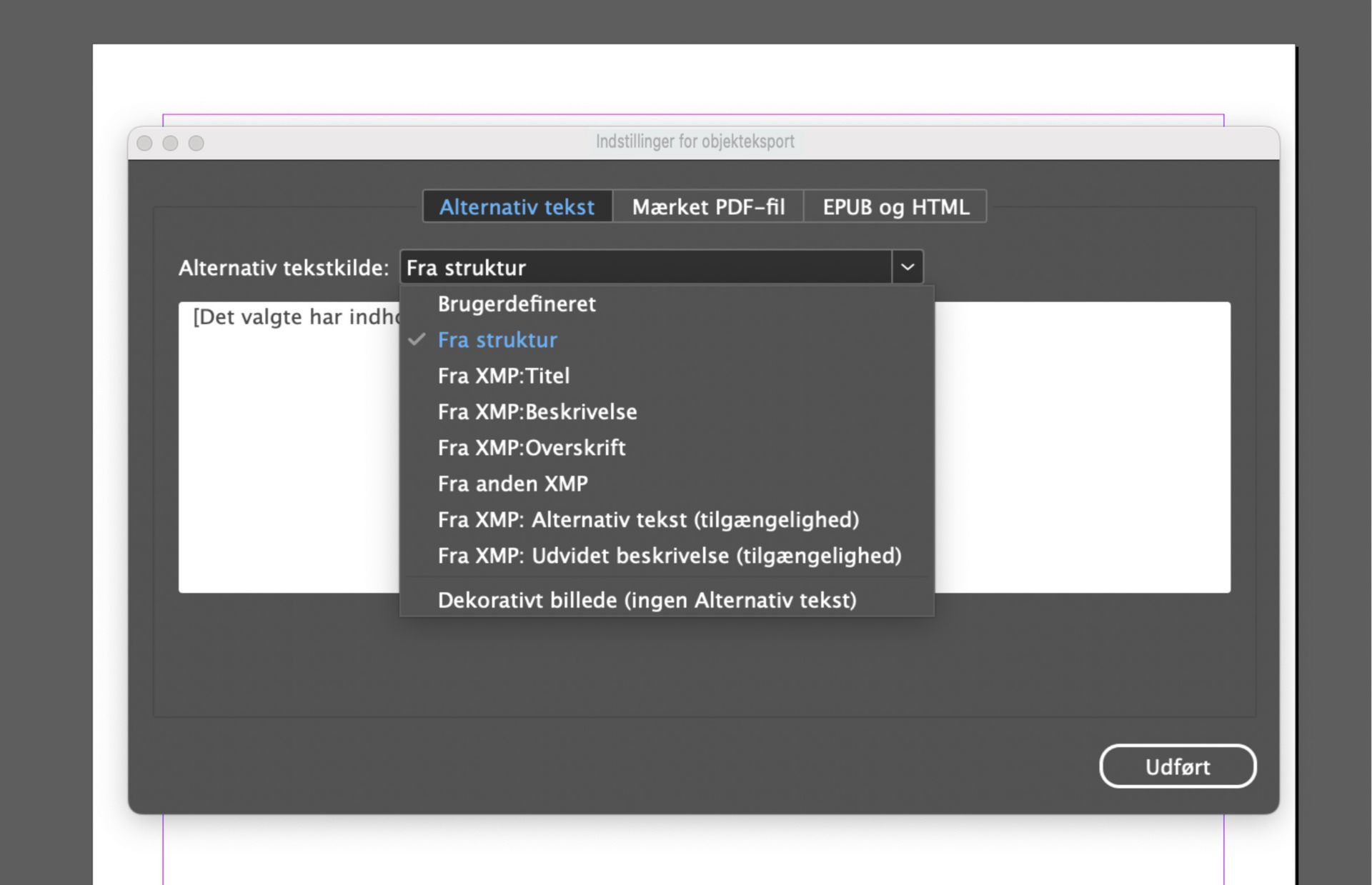 Skærmbillede af vinduet Indstillinger for objekteksport i Adobe InDesign med fanen Alternativ tekst aktiv og rullemenuen &quot;Alternativ tekstkilde&quot; udvidet, så der vises indstillinger som &quot;Brugerdefineret&quot;, &quot;Fra struktur&quot; og forskellige XMP-metadatakilder.