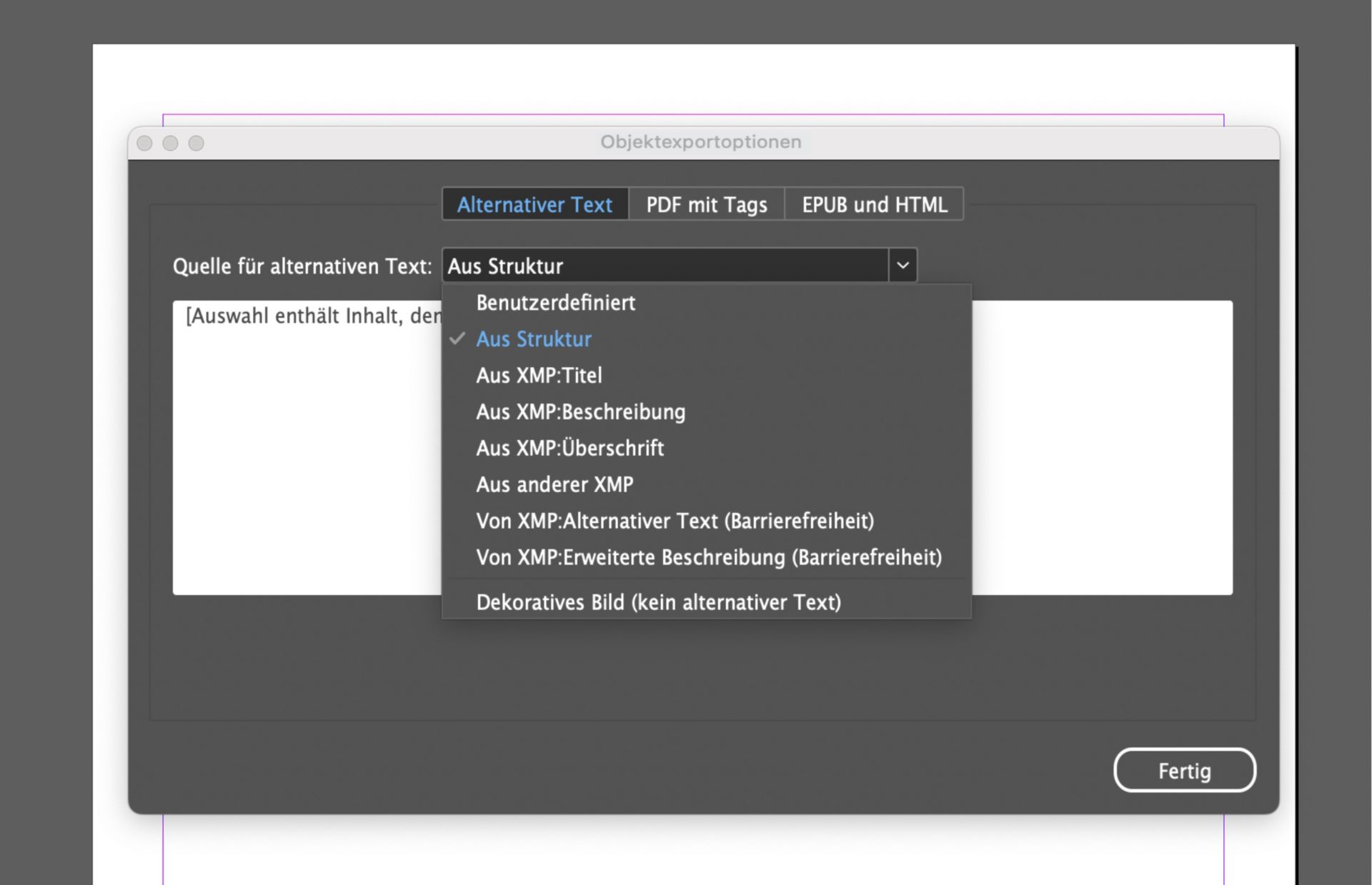 Screenshot des Fensters „Objektexportoptionen“ von Adobe InDesign mit aktiver Registerkarte „Alt. Text“ und erweitertem Dropdown-Menü „Alt. Textquelle“, in dem Optionen wie „Benutzerdefiniert“, „Aus Struktur“ und verschiedene XMP-Metadatenquellen aufgeführt sind.