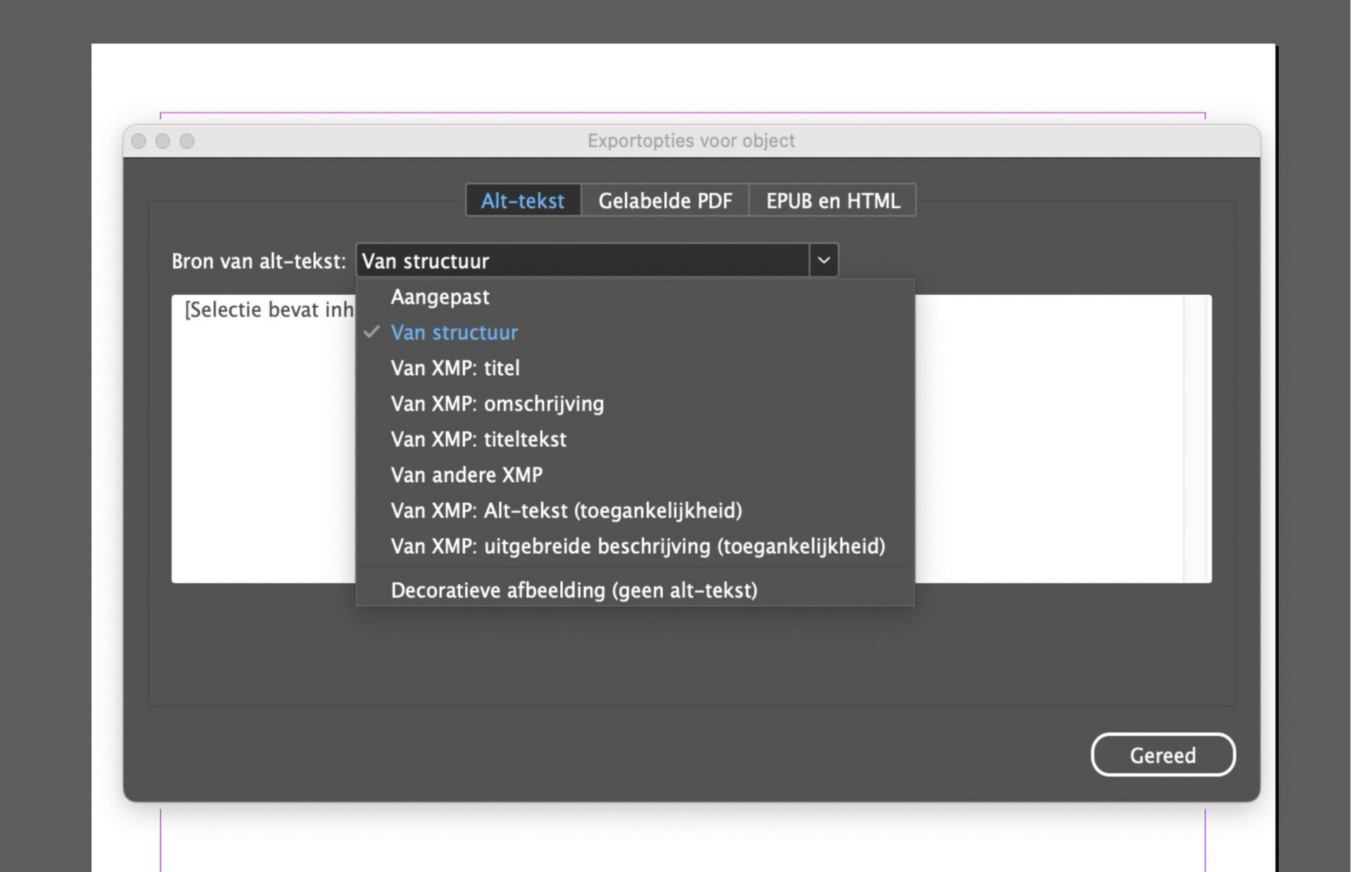 Screenshot van het venster Exportopties voor object van Adobe InDesign waarbij het tabblad Alt-tekst actief is en het vervolgkeuzemenu 'Bron voor alternatieve tekst' is uitgevouwen, met opties zoals 'Aangepast', 'Van structuur' en verschillende XMP-metagegevensbronnen.