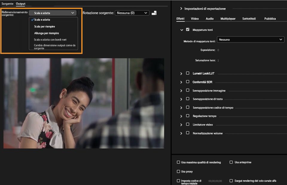 Le opzioni di ridimensionamento sorgente sono disponibili nel pannello Output.