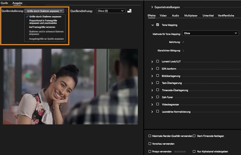 Die Optionen für die Quellenskalierung sind im Bedienfeld „Ausgabe“ verfügbar