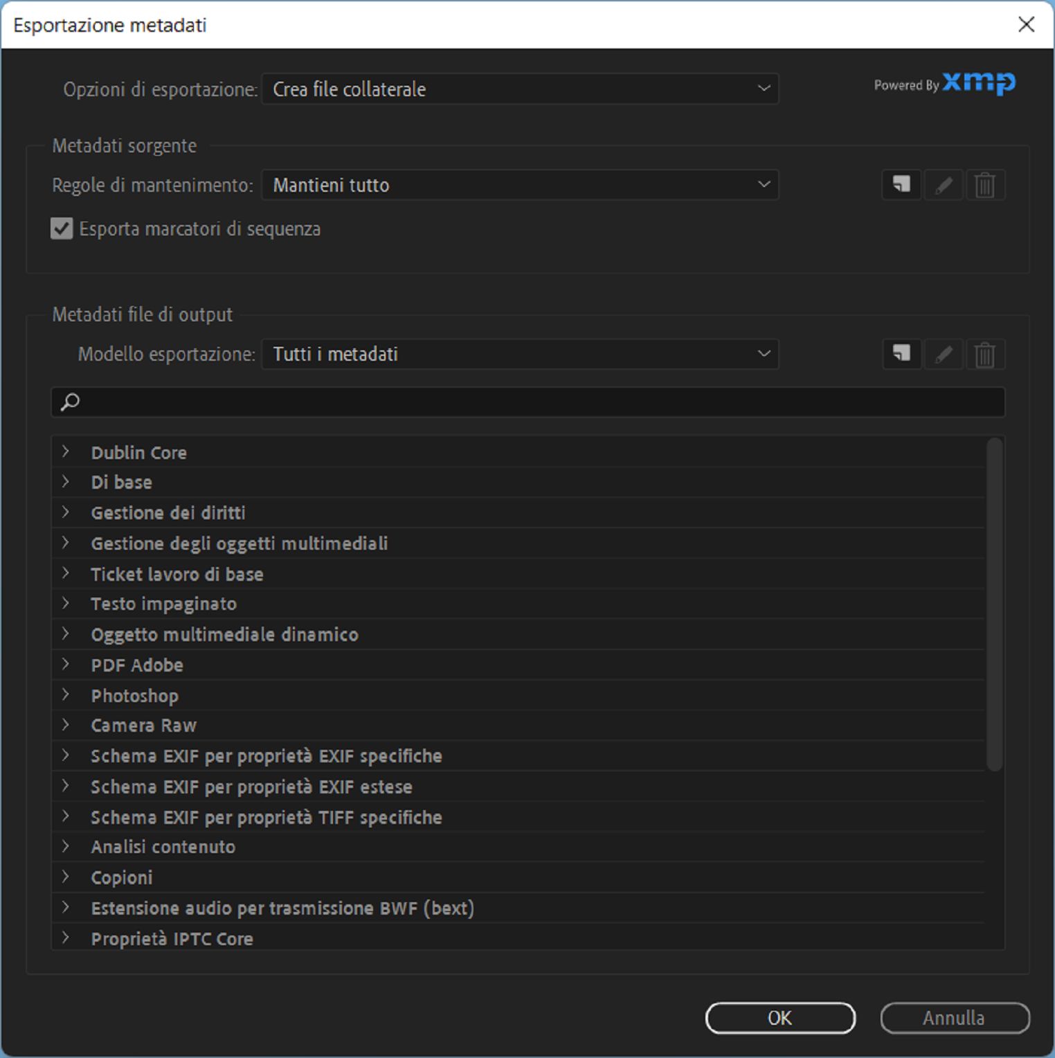 Esportazione metadati