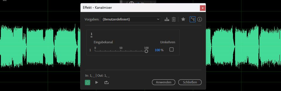 Das Dialogfeld für den Kanalmixer-Effekt ist geöffnet, mit options für Eingangskanal und Invertieren, die zur Anpassung verfügbar sind.