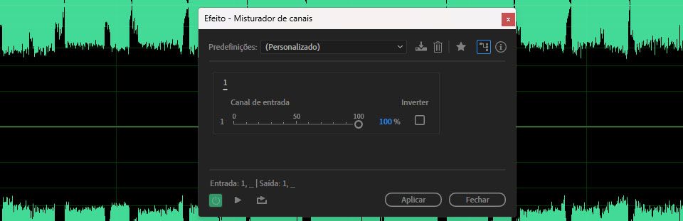 A caixa de diálogo do efeito “Mixer de canais” está aberta, com opções de “Canal de entrada” e “Inverter” disponíveis para ajuste.