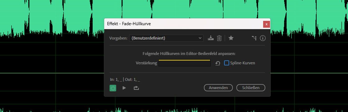 Das Dialogfeld für den Verblassen-Hüllkurven-Effekt ist geöffnet, und die Einstellungen sind verfügbar, um die Amplitude über die Zeit um verschiedene Beträge zu reduzieren.
