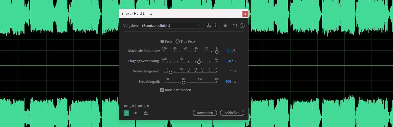 Das Dialogfeld für den Hard Limiter-Effekt ist geöffnet und bietet options wie Maximale Amplitude, Eingangsverstärkung und Freigabezeit zur Anpassung.