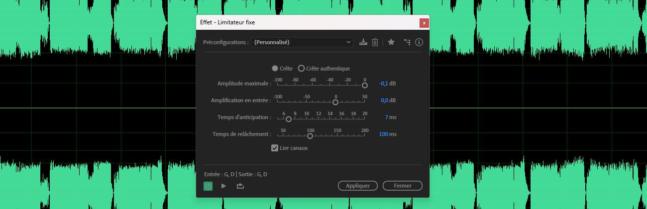 La boîte de dialogue de l'effet Limitateur fixe est ouverte, offrant des options telles qu'Amplitude maximale, Amplification d'entrée et Temps de relâchement pour l'ajustement.