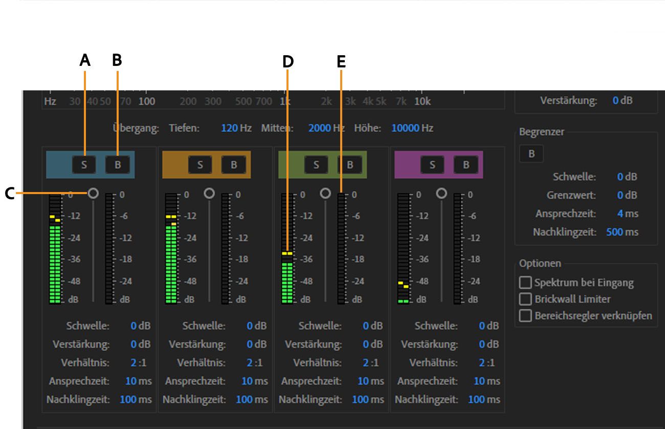 Das Dialogfeld für den Multiband-Kompressor-Effekt ist geöffnet und die bandspezifischen Steuerelemente sind geöffnet, um Anpassungen vorzunehmen.