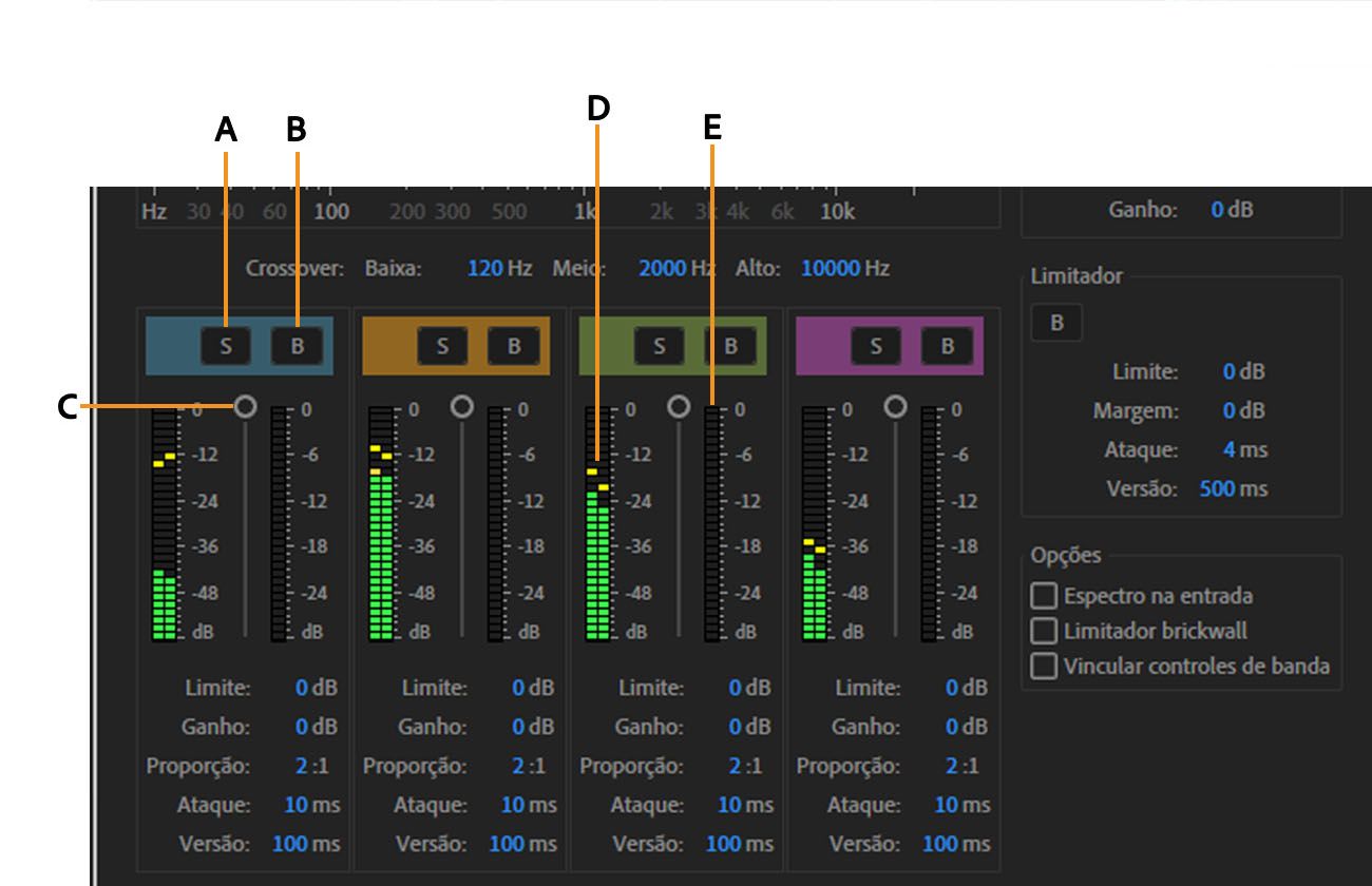 A caixa de diálogo do efeito Compressor multibanda está aberta e os controles específicos de banda estão abertos para ajustar.