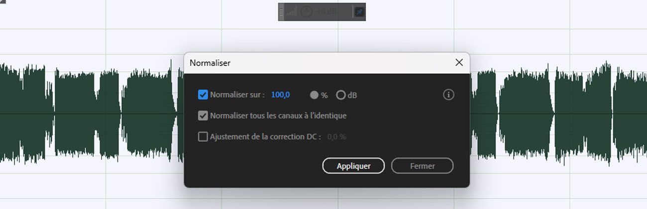 La boîte de dialogue de l’effet Normaliser est ouverte et contient les options Normaliser vers, Normaliser tous les canaux de manière égale et Réglage du biais CC à ajuster.