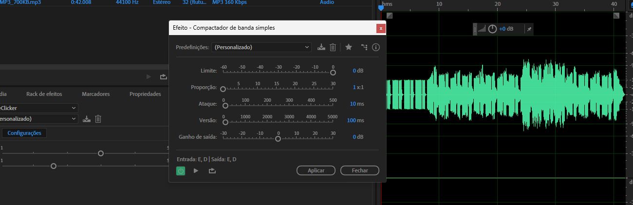 A caixa de diálogo do efeito “Compactador de banda única” está aberta, com opções como “Limite”, “Proporção” e “Ataque” para ajuste.