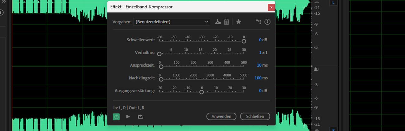 Das Dialogfeld für den Einband-Kompressor-Effekt ist geöffnet und es gibt options wie Schwellenwert, Verhältnis und Attack zum Anpassen.
