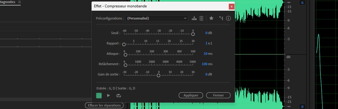 La boîte de dialogue de l'effet Compresseur monobande est ouverte et contient des options telles que Seuil, Taux et Attaque à ajuster.