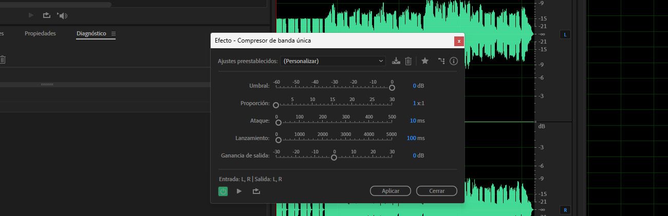 El cuadro de diálogo del efecto Compresor de banda única está abierto y hay opciones como Umbral, Proporción y Ataque para ajustar.