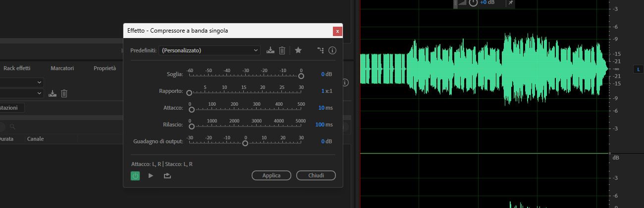 La finestra di dialogo dell'effetto Compressore a banda singola è aperta e ci sono opzioni come soglia, Rapporto e Attacco da regolare.