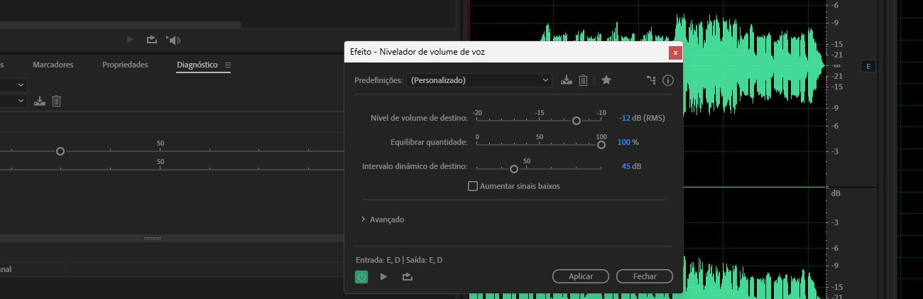 O efeito “Nivelador de volume da fala” está aberto, com os controles deslizantes “Nível de volume de destino” e “Valor do nivelamento” ajustados mais para a esquerda.