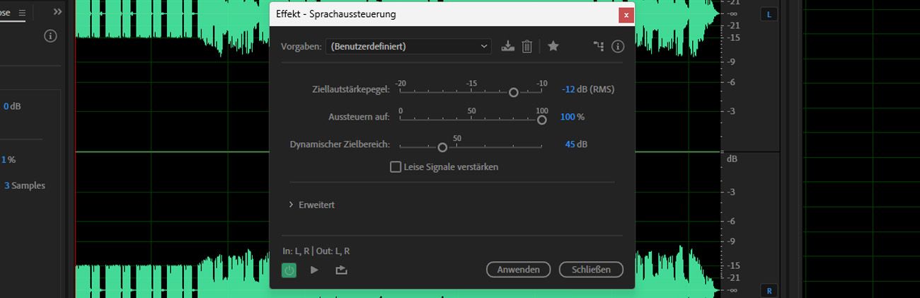Der Speech Volume Leveler-Effekt ist geöffnet, und die Regler target Volume Level und Leveling Amount sind weiter nach links verschoben.