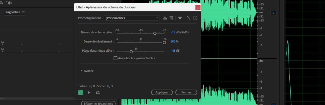 L'effet Égaliseur de volume vocal est ouvert et les curseurs Niveau de volume cible et Degré de nivellement sont réglés davantage vers la gauche.