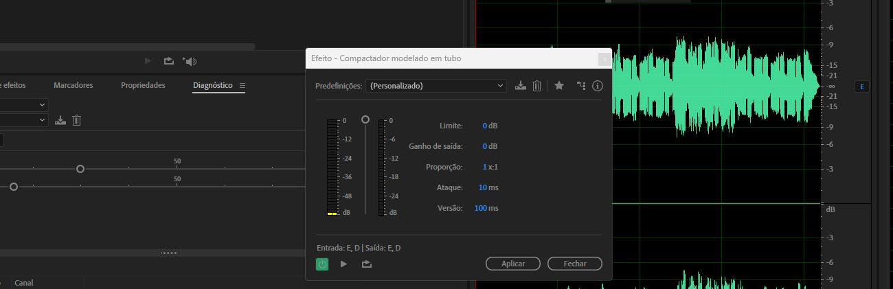 O efeito “Compactador modelado em tubo” está aberto, com opções como “Limite” e “Proporção” disponíveis para ajuste.