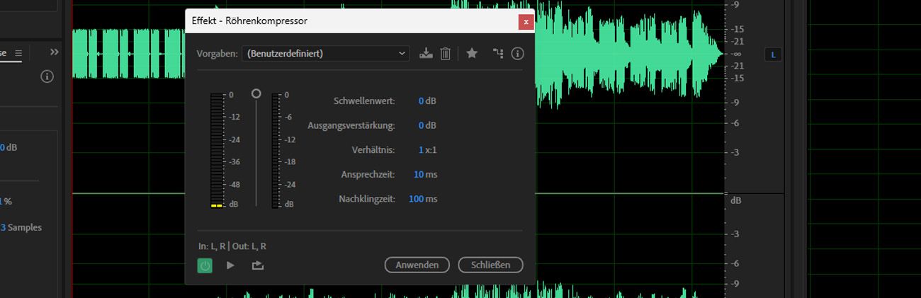 Der Tube-modeled Compressor-Effekt ist geöffnet, und options wie Schwellenwert und Ratio stehen zur Anpassung zur Verfügung.