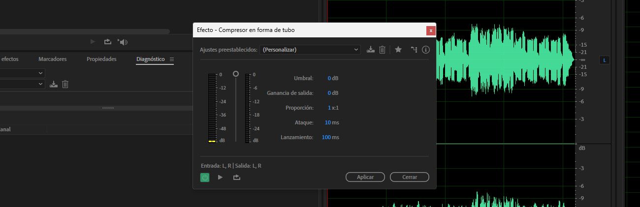 El efecto Compresor modelado por válvulas está abierto, y hay options como umbral y proporción disponibles para ajustar.