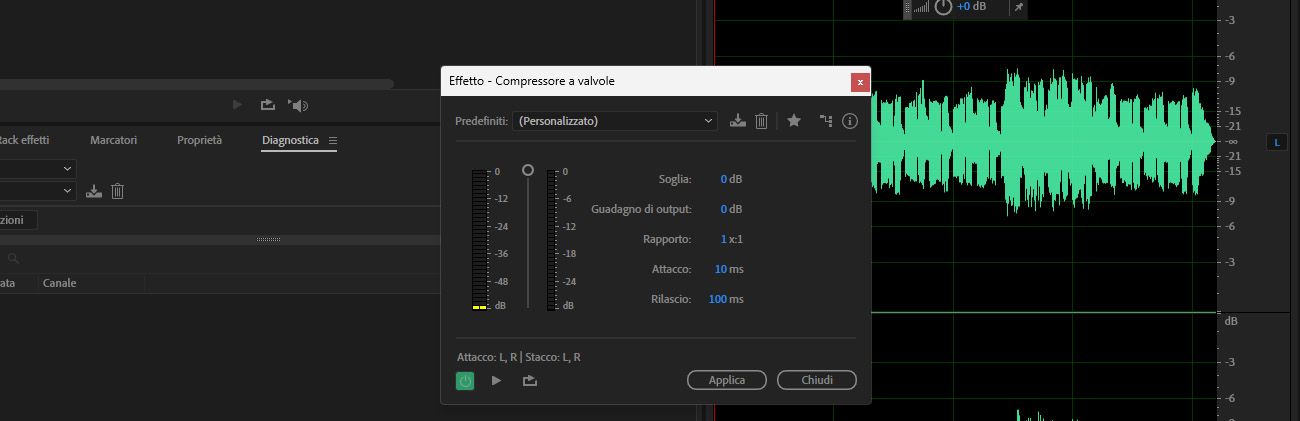L'effetto Tube-modeled Compressor è aperto e sono disponibili options come Threshold e Ratio da regolare.