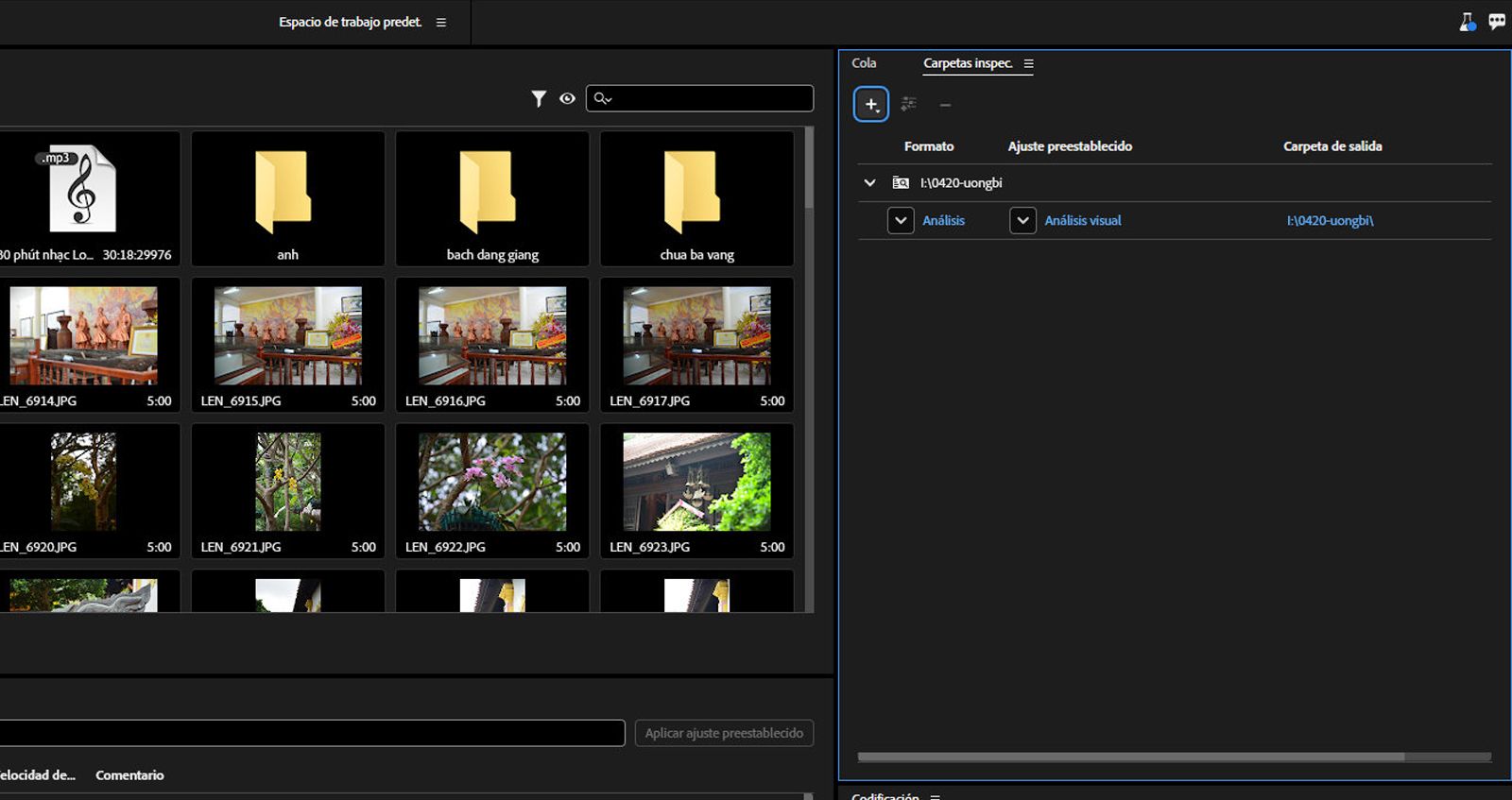 El panel WatchFolders está abierto y muestra los archivos de medios y los archivos sidecar. 