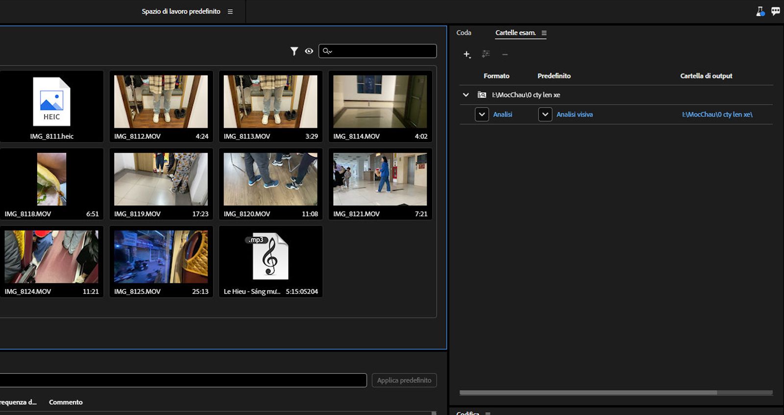 Il pannello Cartelle esaminate è aperto e mostra i file multimediali e i relativi file collaterali. 