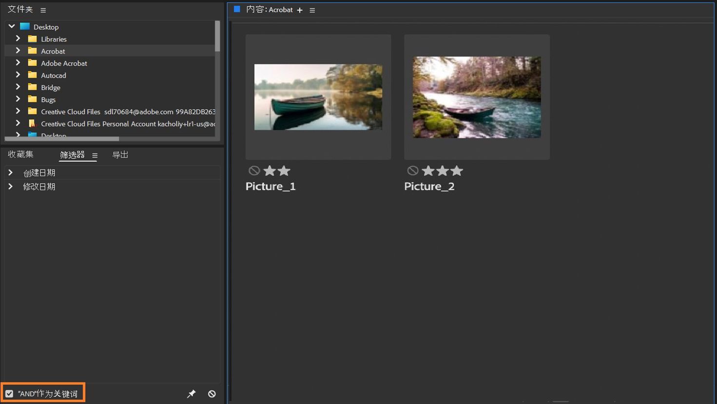 关键词筛选面板显示在 Bridge 窗口中，且关键词面板在屏幕上突出显示。用户可以选中使用“AND”作为关键词筛选条件复选框，使用 AND 运算来选择包含多个关键词的文件。