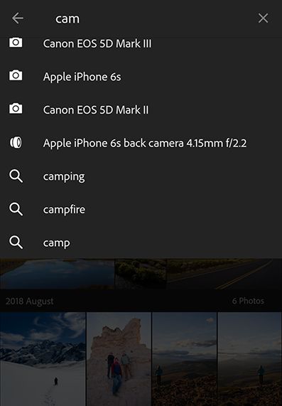 Autouzupełniane sugestie w aplikacji Lightroom CC na urządzenia mobilne (Android)
